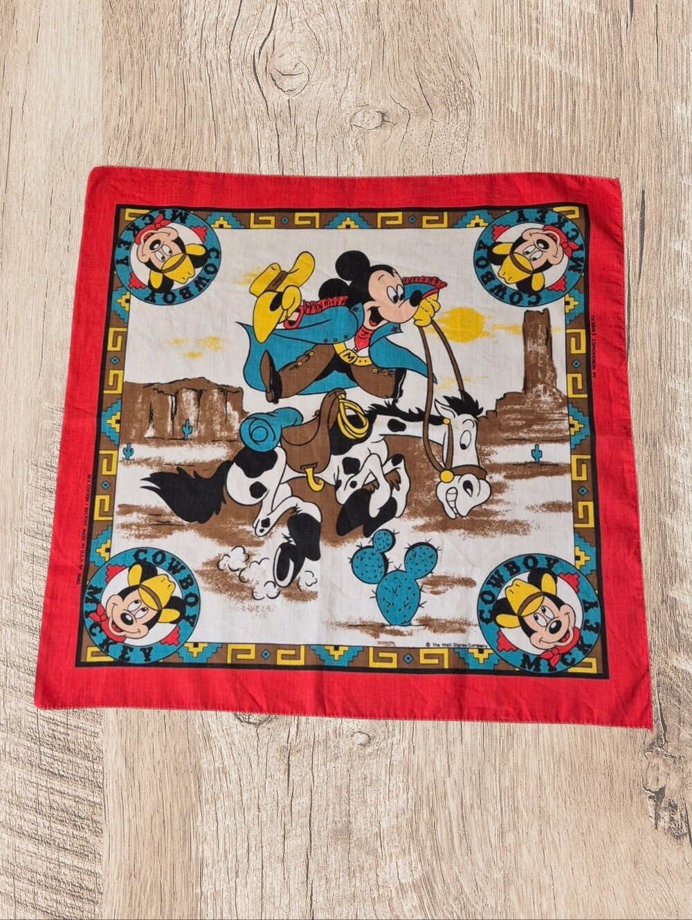 Vintage Disney Cowboy Mickey Mouse Bandana USA Made Western Scarf Collectible